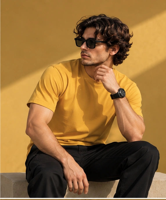 Men’s Premium Mustard Yellow Crew Neck T-Shirt – Regular Fit