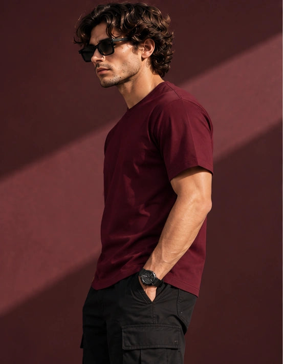 Men’s Premium Burgundy Crew Neck T-Shirt – Regular Fit
