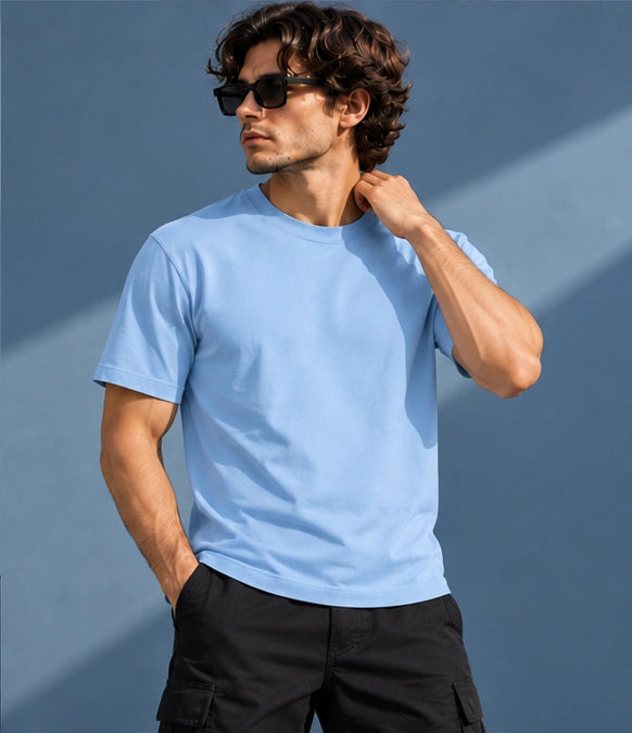 Men’s Premium Powder Blue Crew Neck T-Shirt – Regular Fit