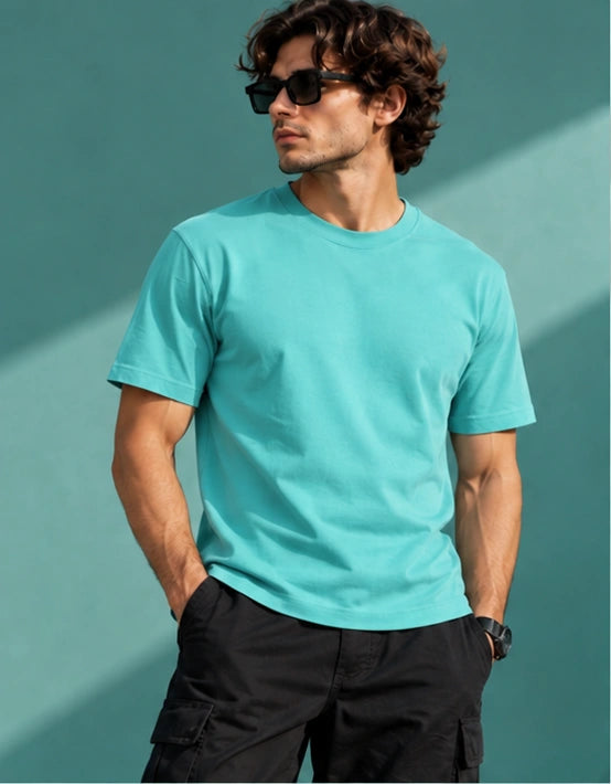 Men’s Premium Aqua Blue Crew Neck T-Shirt – Regular Fit