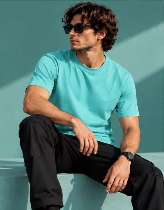 Men’s Premium Aqua Blue Crew Neck T-Shirt – Regular Fit