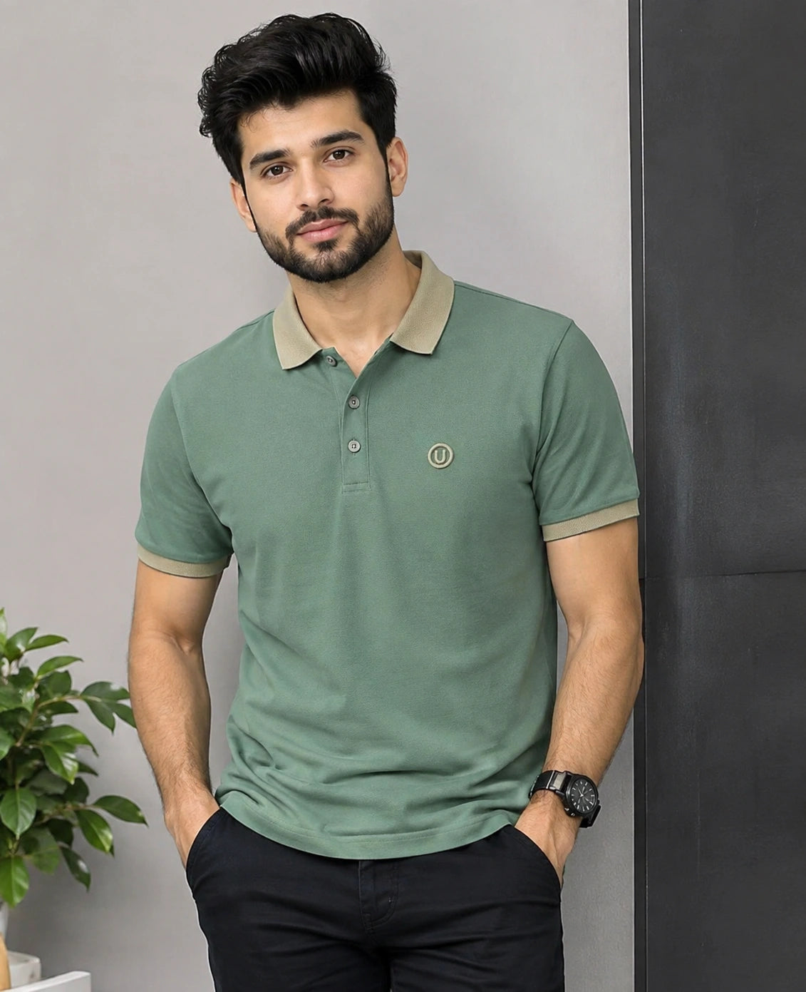 Men’s Premium Sage Green Contrast Collar Polo T-Shirt with Embroidered Logo – Regular Fit