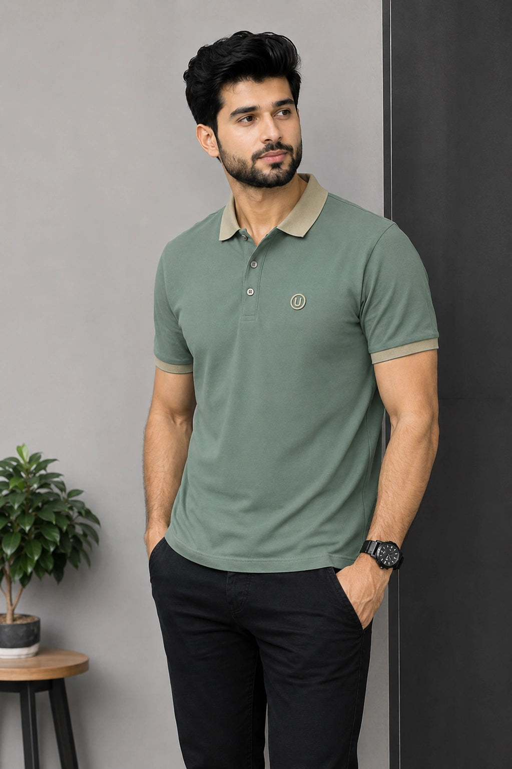 Men’s Premium Sage Green Contrast Collar Polo T-Shirt with Embroidered Logo – Regular Fit