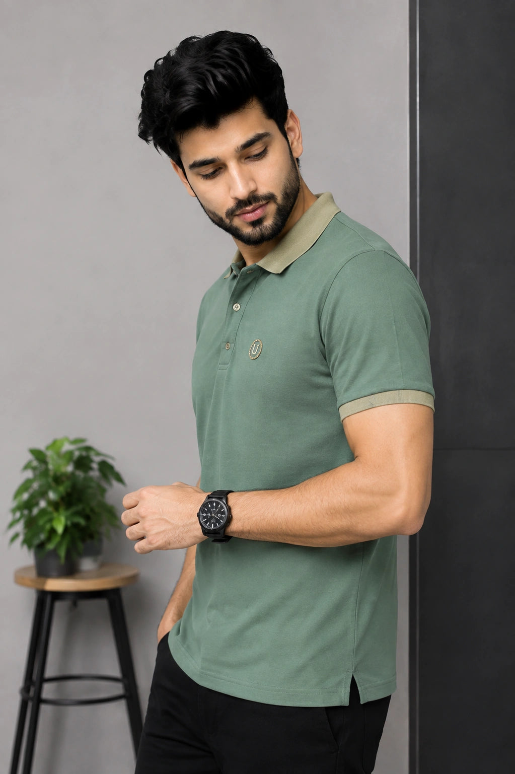 Men’s Premium Sage Green Contrast Collar Polo T-Shirt with Embroidered Logo – Regular Fit