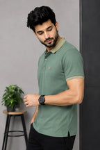 Men’s Premium Sage Green Contrast Collar Polo T-Shirt with Embroidered Logo – Regular Fit