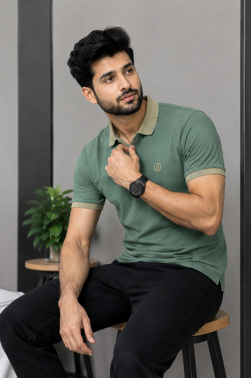 Men’s Premium Sage Green Contrast Collar Polo T-Shirt with Embroidered Logo – Regular Fit