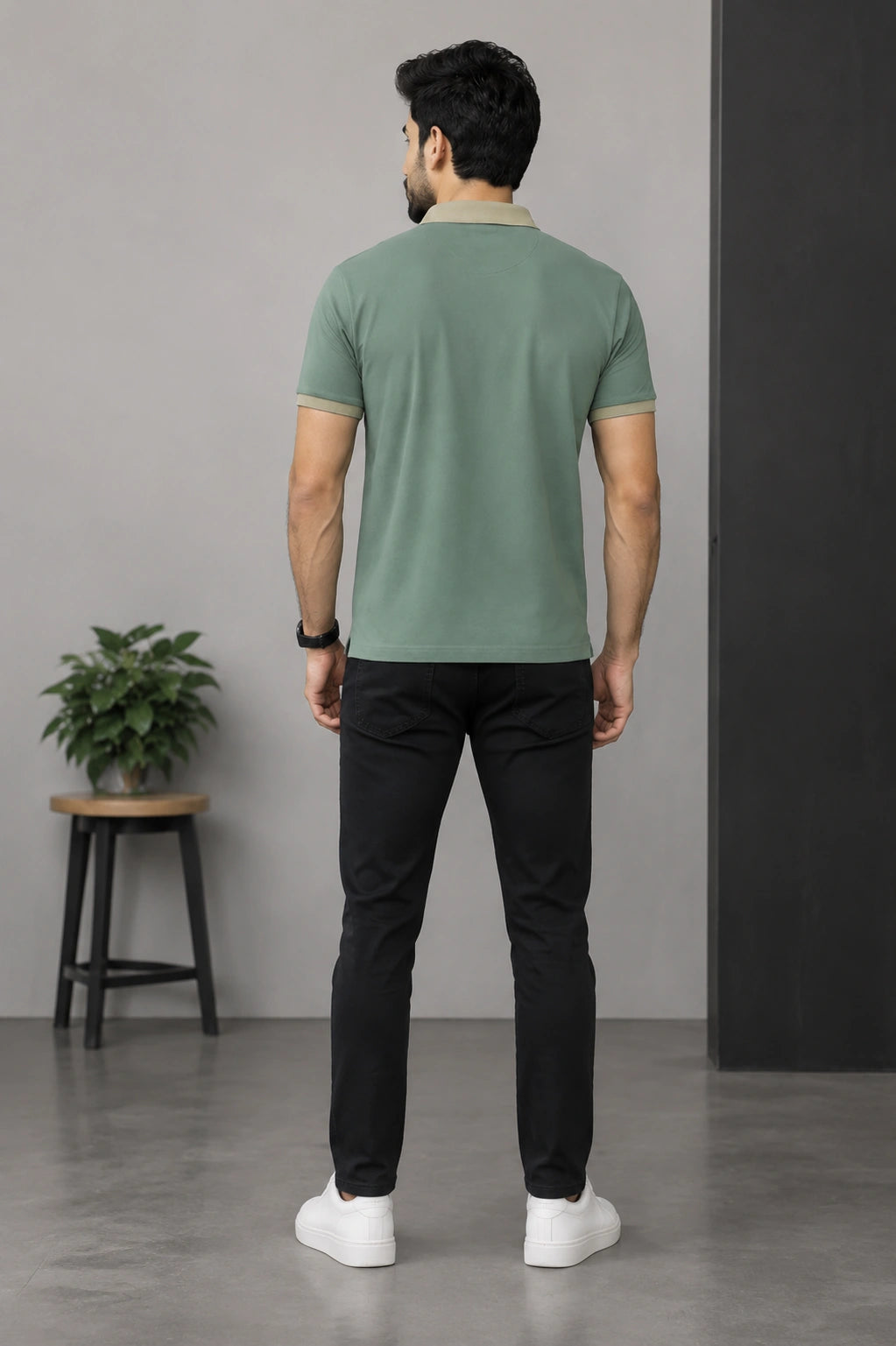 Men’s Premium Sage Green Contrast Collar Polo T-Shirt with Embroidered Logo – Regular Fit