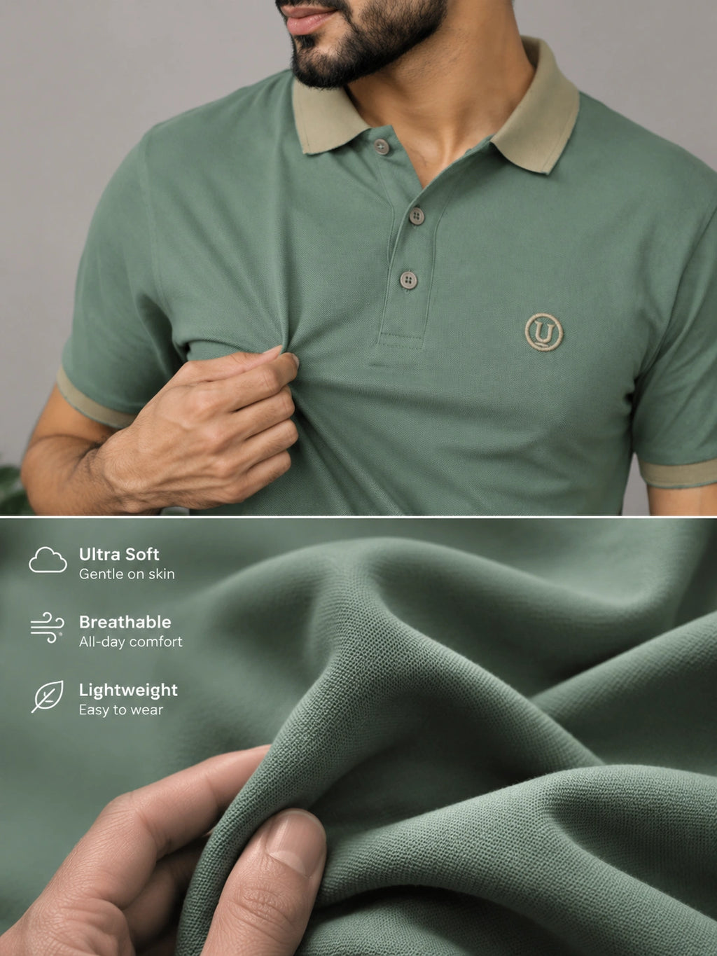 Men’s Premium Sage Green Contrast Collar Polo T-Shirt with Embroidered Logo – Regular Fit