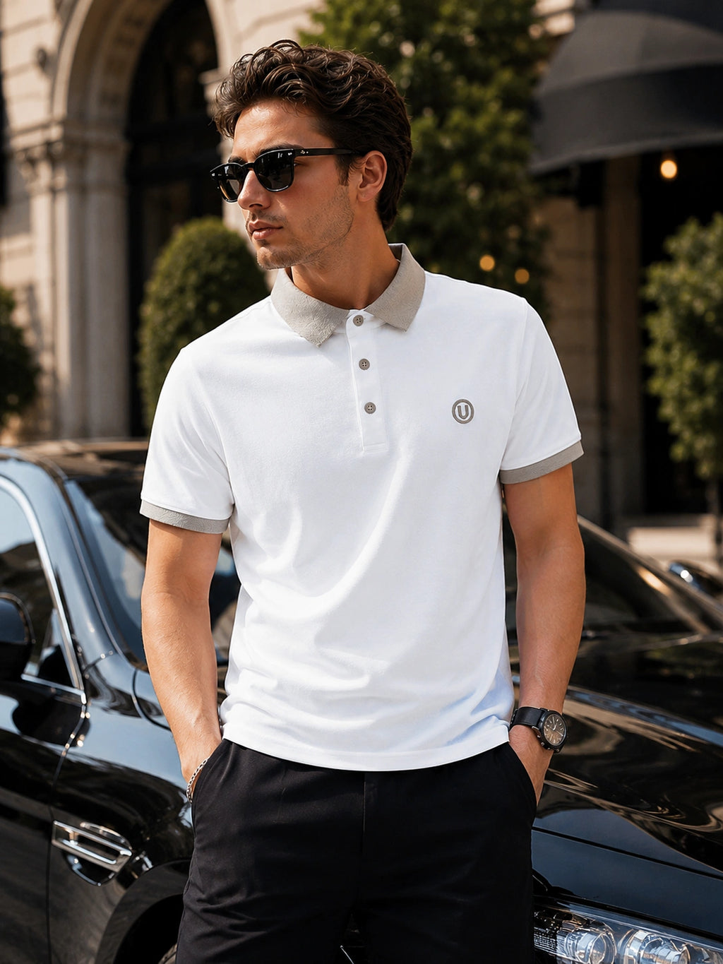 Men’s Premium White Contrast Collar Polo T-Shirt with Embroidered Logo – Regular Fit