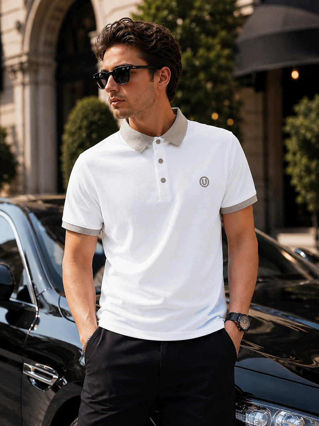 Men’s Premium White Contrast Collar Polo T-Shirt with Embroidered Logo – Regular Fit