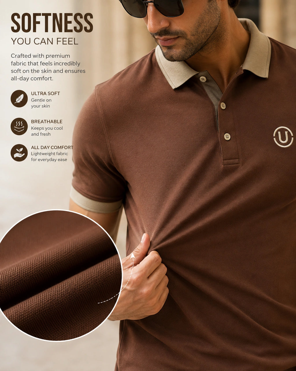 Men’s Premium Mocha Brown Contrast Collar Polo T-Shirt with Embroidered Logo – Regular Fit
