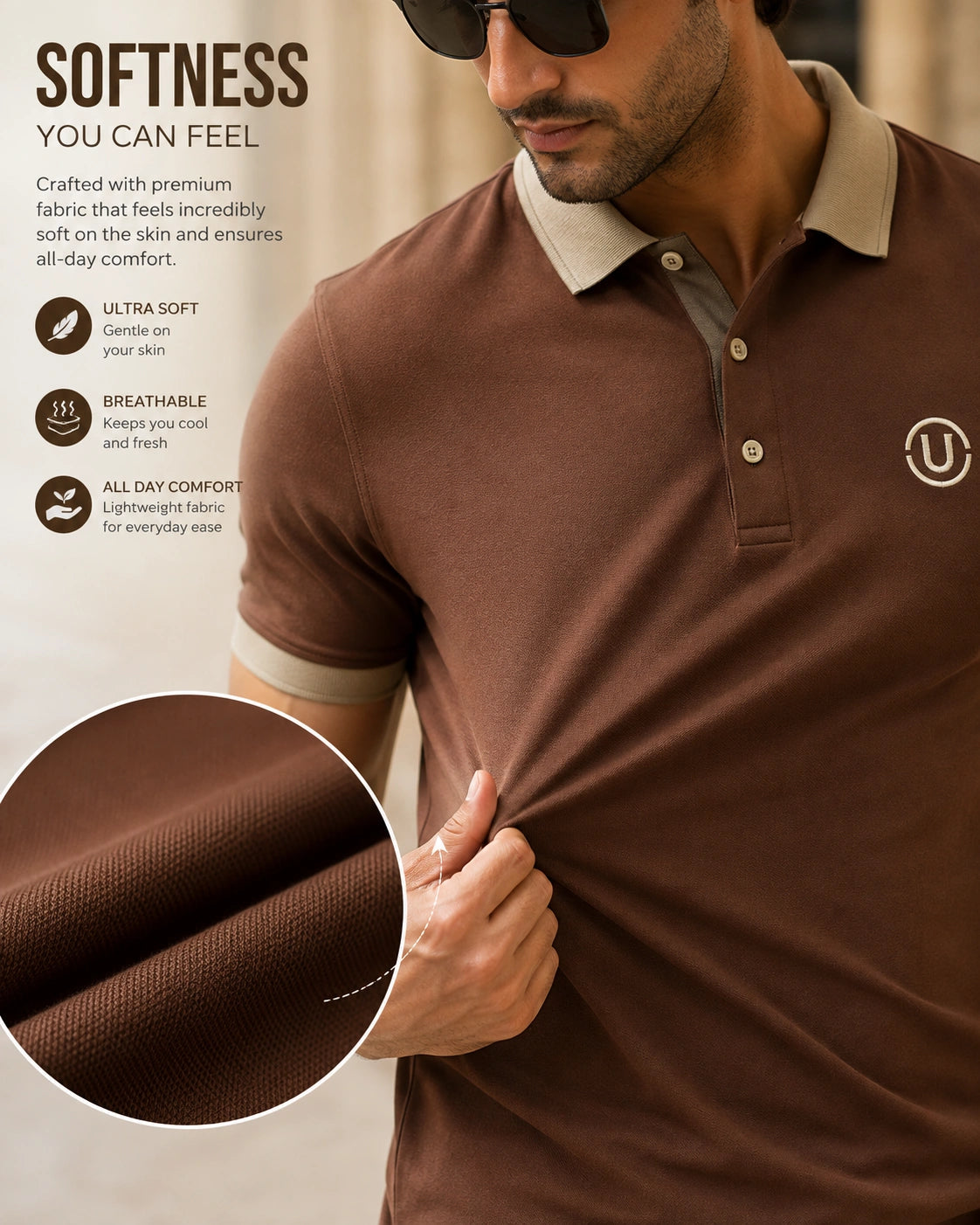 Men’s Premium Mocha Brown Contrast Collar Polo T-Shirt with Embroidered Logo – Regular Fit
