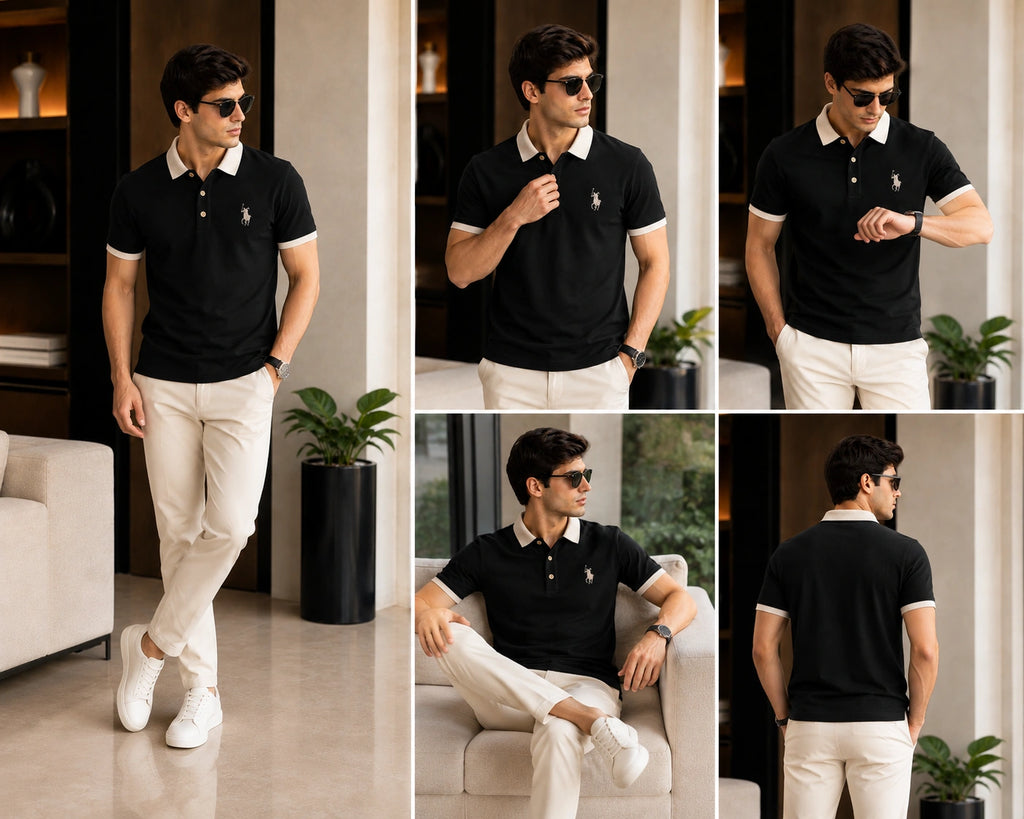 Men’s Premium Black Contrast Collar Polo T-Shirt – Regular Fit