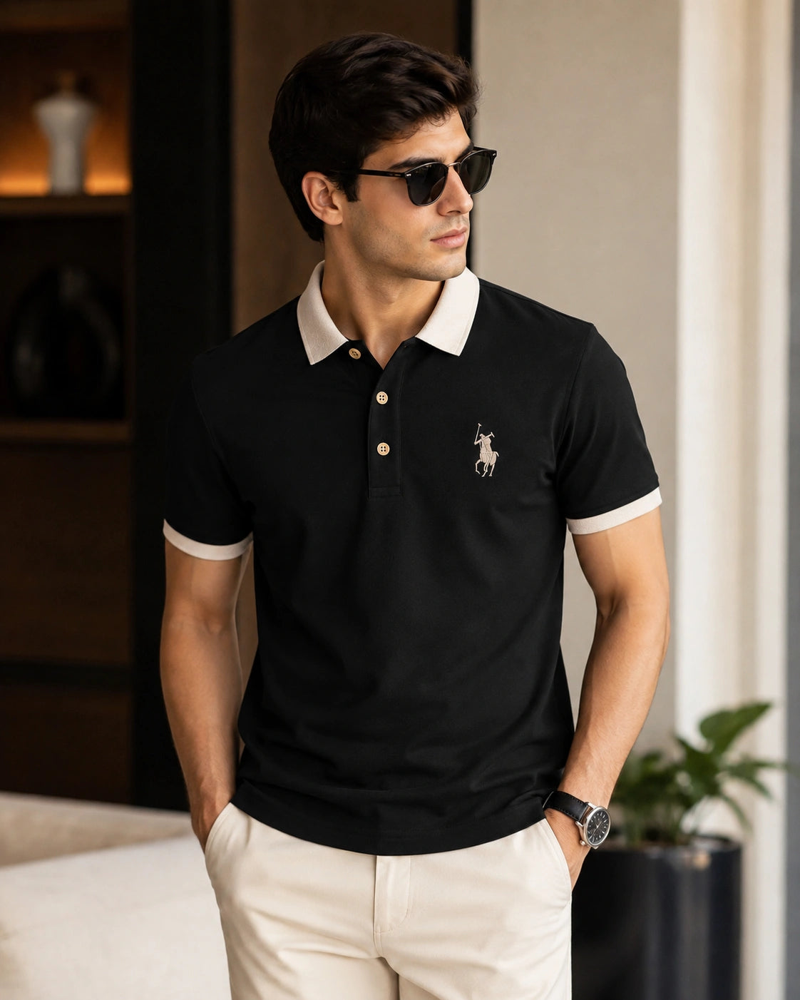 Men’s Premium Black Contrast Collar Polo T-Shirt – Regular Fit