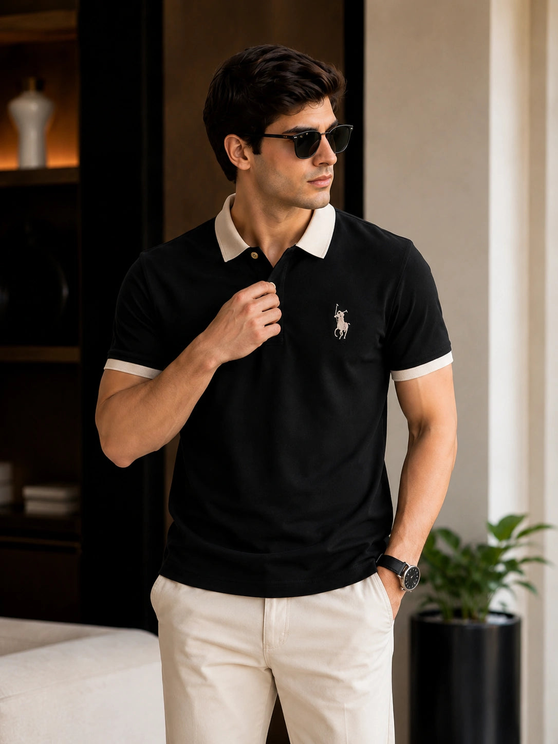 Men’s Premium Black Contrast Collar Polo T-Shirt – Regular Fit