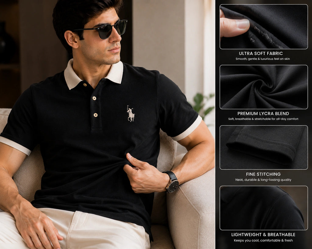 Men’s Premium Black Contrast Collar Polo T-Shirt – Regular Fit