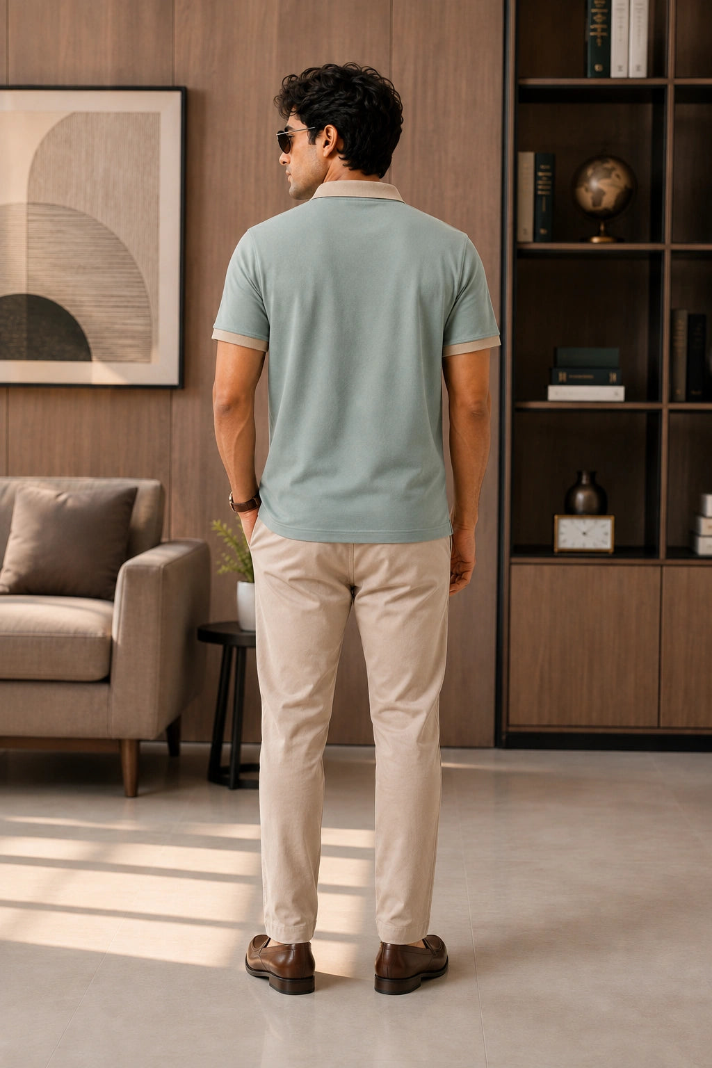 Men’s Premium Sage Green Contrast Collar Polo T-Shirt – Regular Fit