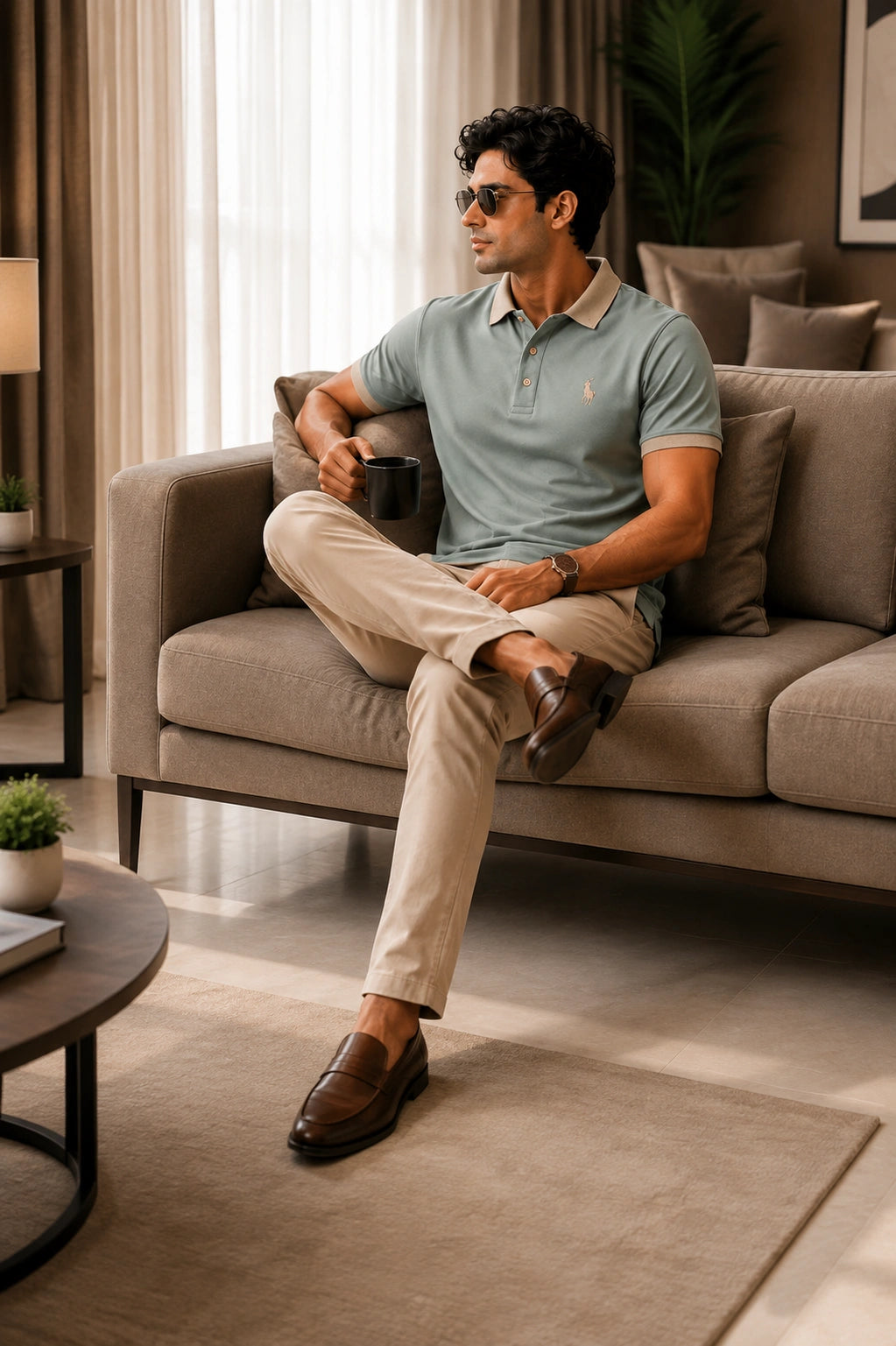 Men’s Premium Sage Green Contrast Collar Polo T-Shirt – Regular Fit