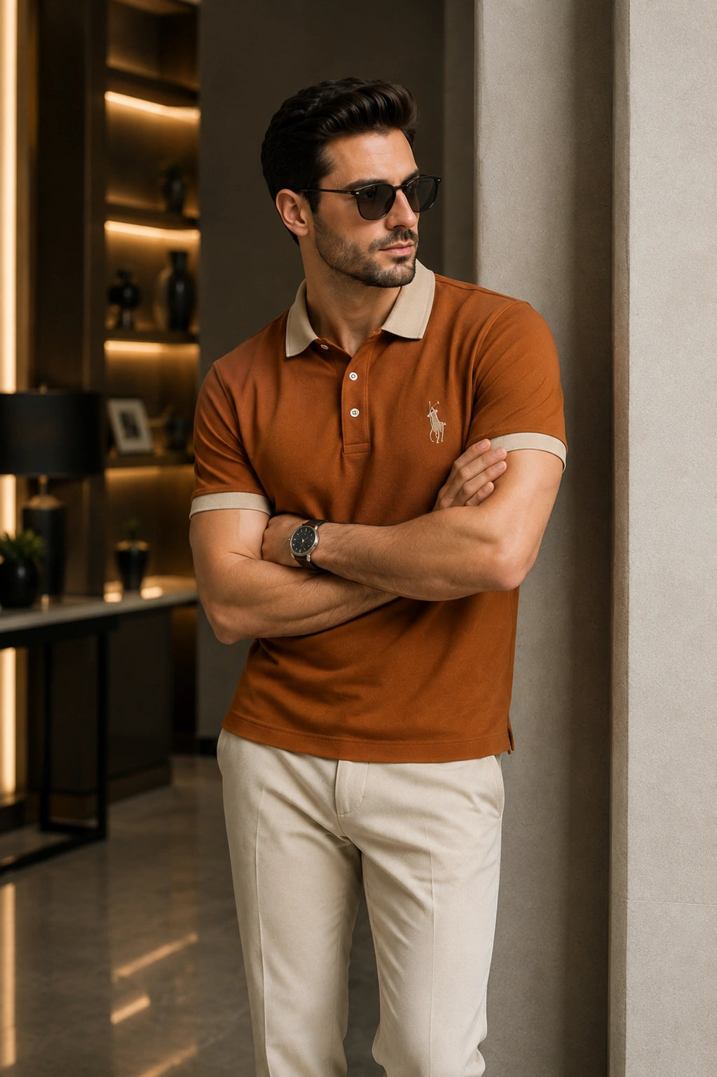 Men’s Premium Rust Brown Contrast Collar Polo T-Shirt – Regular Fit