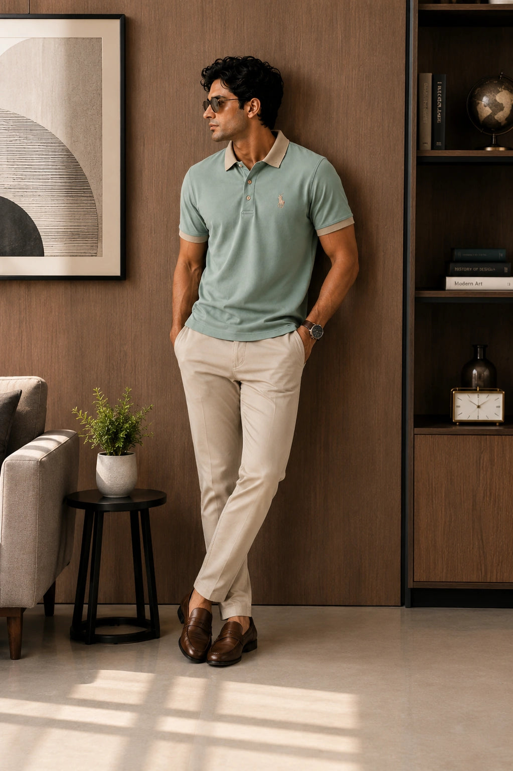 Men’s Premium Sage Green Contrast Collar Polo T-Shirt – Regular Fit