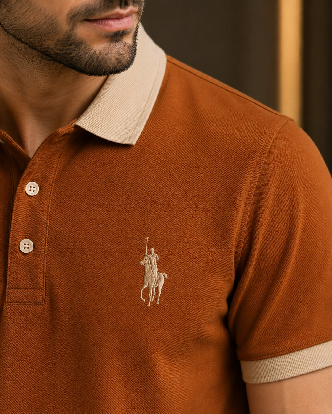Men’s Premium Rust Brown Contrast Collar Polo T-Shirt – Regular Fit