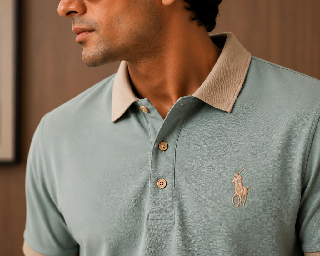 Men’s Premium Sage Green Contrast Collar Polo T-Shirt – Regular Fit
