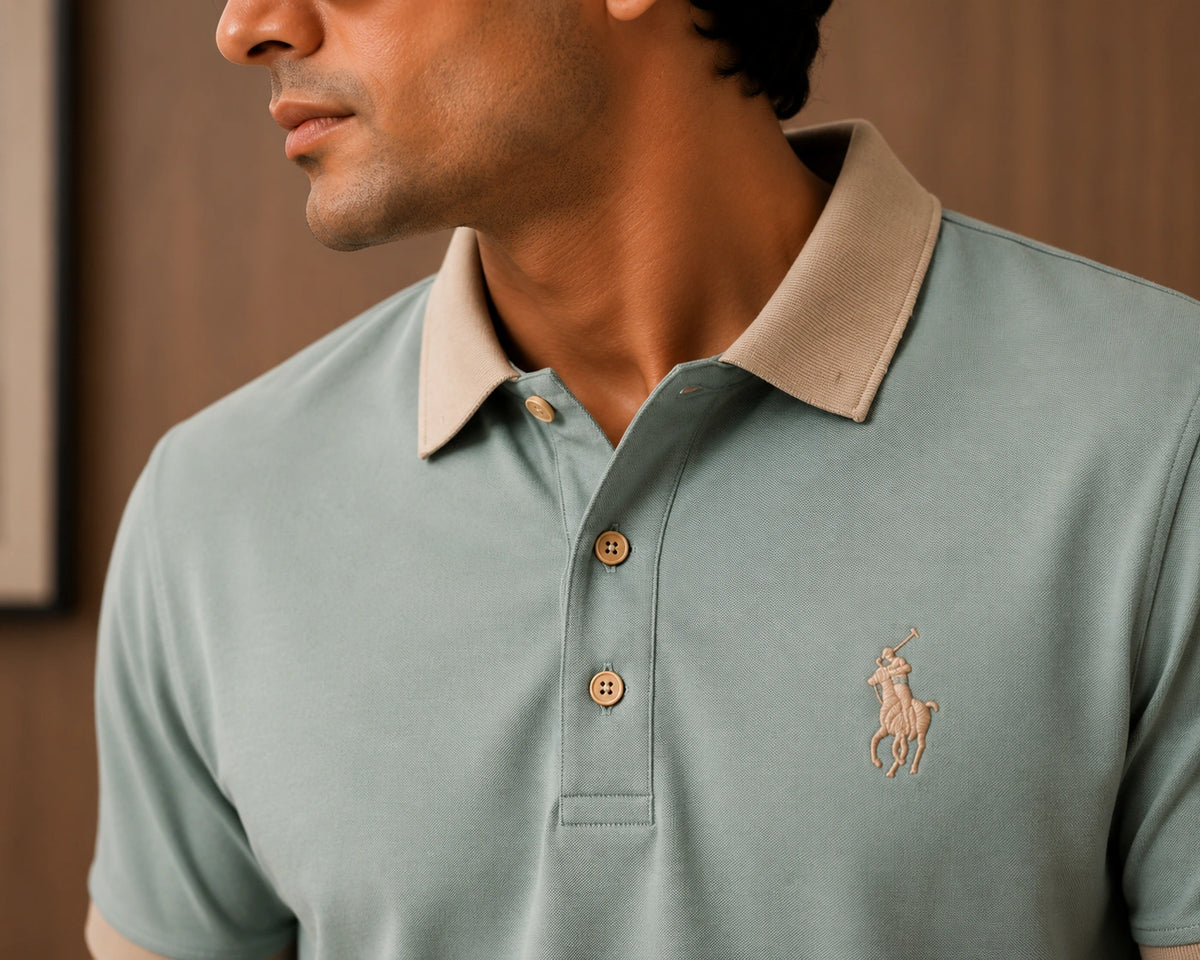 Men’s Premium Sage Green Contrast Collar Polo T-Shirt – Regular Fit