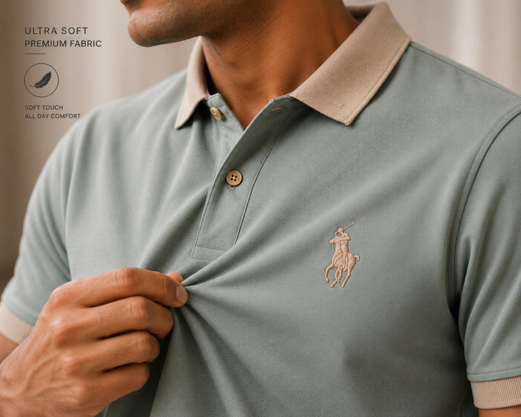 Men’s Premium Sage Green Contrast Collar Polo T-Shirt – Regular Fit