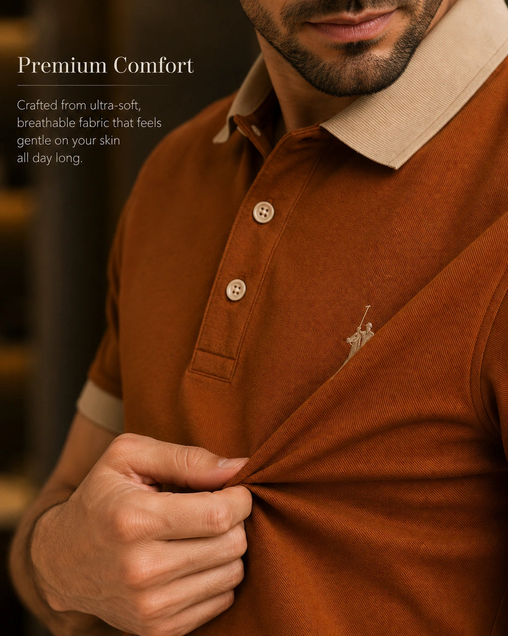 Men’s Premium Rust Brown Contrast Collar Polo T-Shirt – Regular Fit
