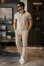 Men’s Premium Beige Polo T-Shirt with Green Tipped Collar – Regular Fit