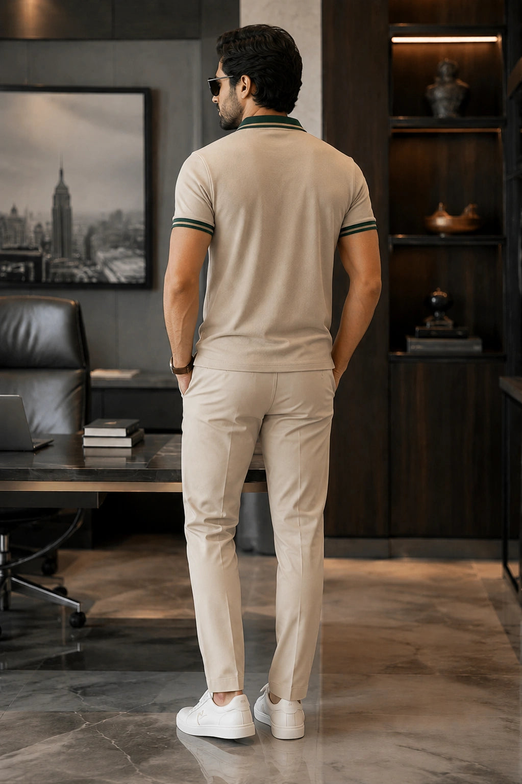 Men’s Premium Beige Polo T-Shirt with Green Tipped Collar – Regular Fit