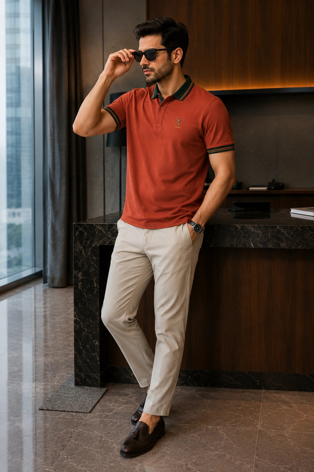 Men’s Premium Terracotta Polo T-Shirt with Contrast Tipped Collar – Regular Fit