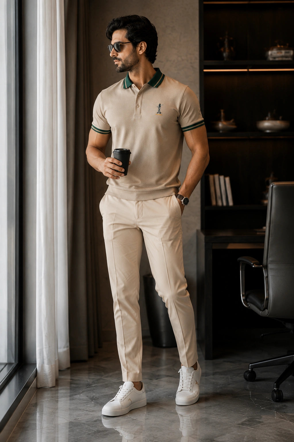 Men’s Premium Beige Polo T-Shirt with Green Tipped Collar – Regular Fit