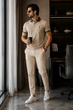 Men’s Premium Beige Polo T-Shirt with Green Tipped Collar – Regular Fit