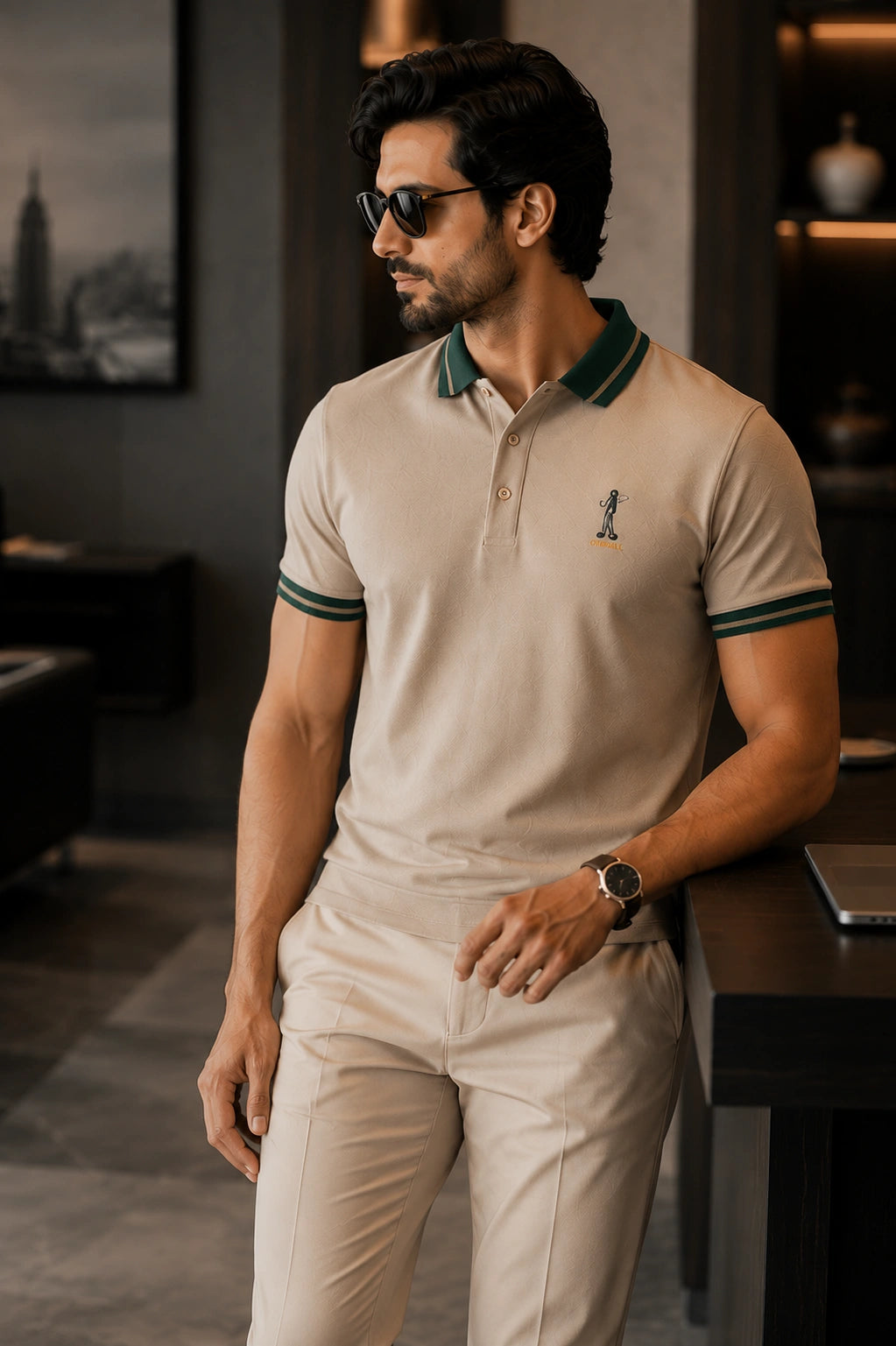 Men’s Premium Beige Polo T-Shirt with Green Tipped Collar – Regular Fit