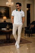 Men’s Premium White Polo T-Shirt with Green & Gold Tipped Collar – Regular Fit