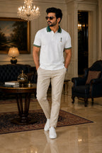Men’s Premium White Polo T-Shirt with Green & Gold Tipped Collar – Regular Fit