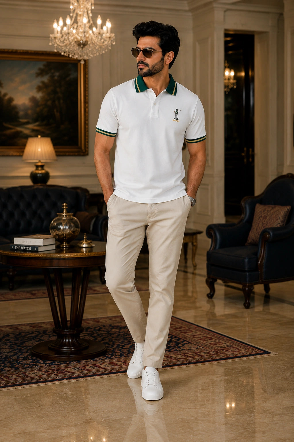 Men’s Premium White Polo T-Shirt with Green & Gold Tipped Collar – Regular Fit