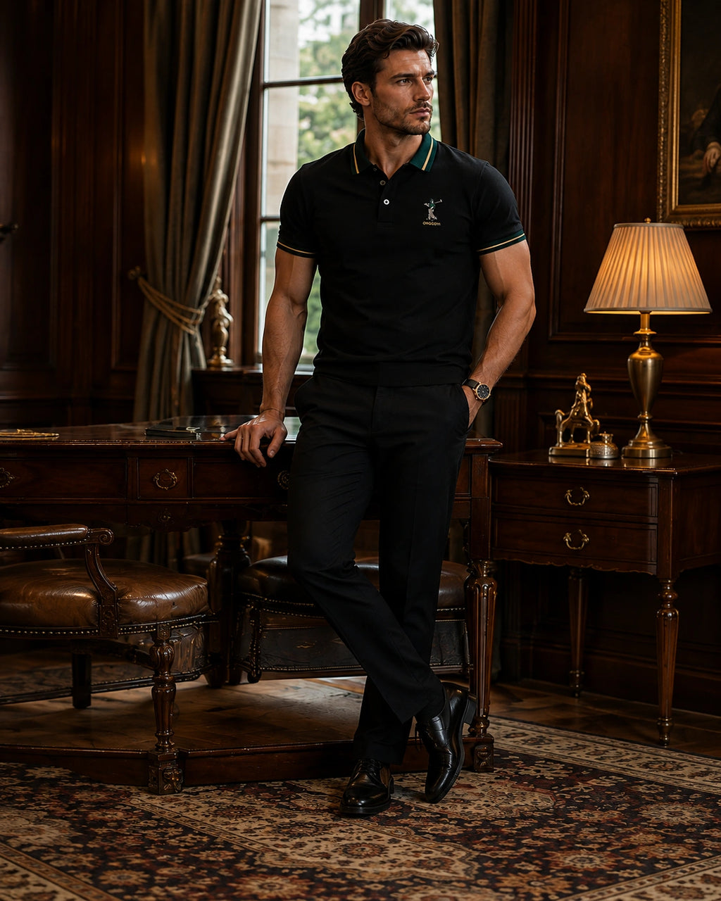 Men’s Premium Black Polo T-Shirt with Green & Gold Tipped Collar – Regular Fit