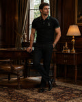 Men’s Premium Black Polo T-Shirt with Green & Gold Tipped Collar – Regular Fit
