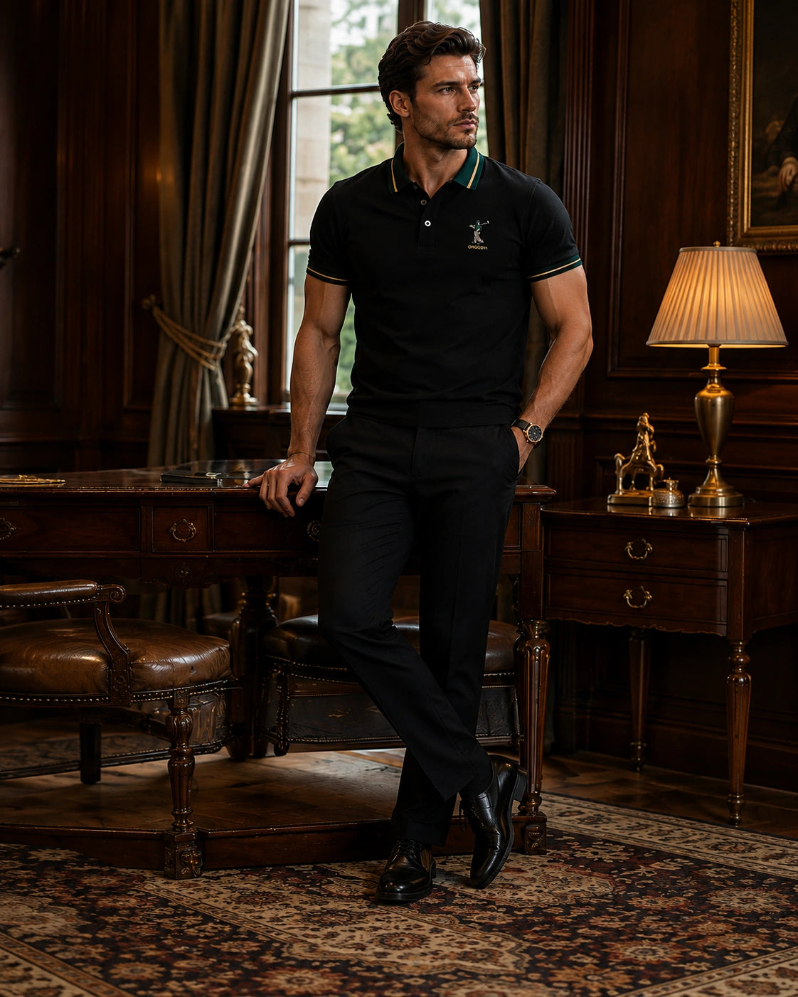 Men’s Premium Black Polo T-Shirt with Green & Gold Tipped Collar – Regular Fit