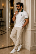 Men’s Premium White Polo T-Shirt with Green & Gold Tipped Collar – Regular Fit