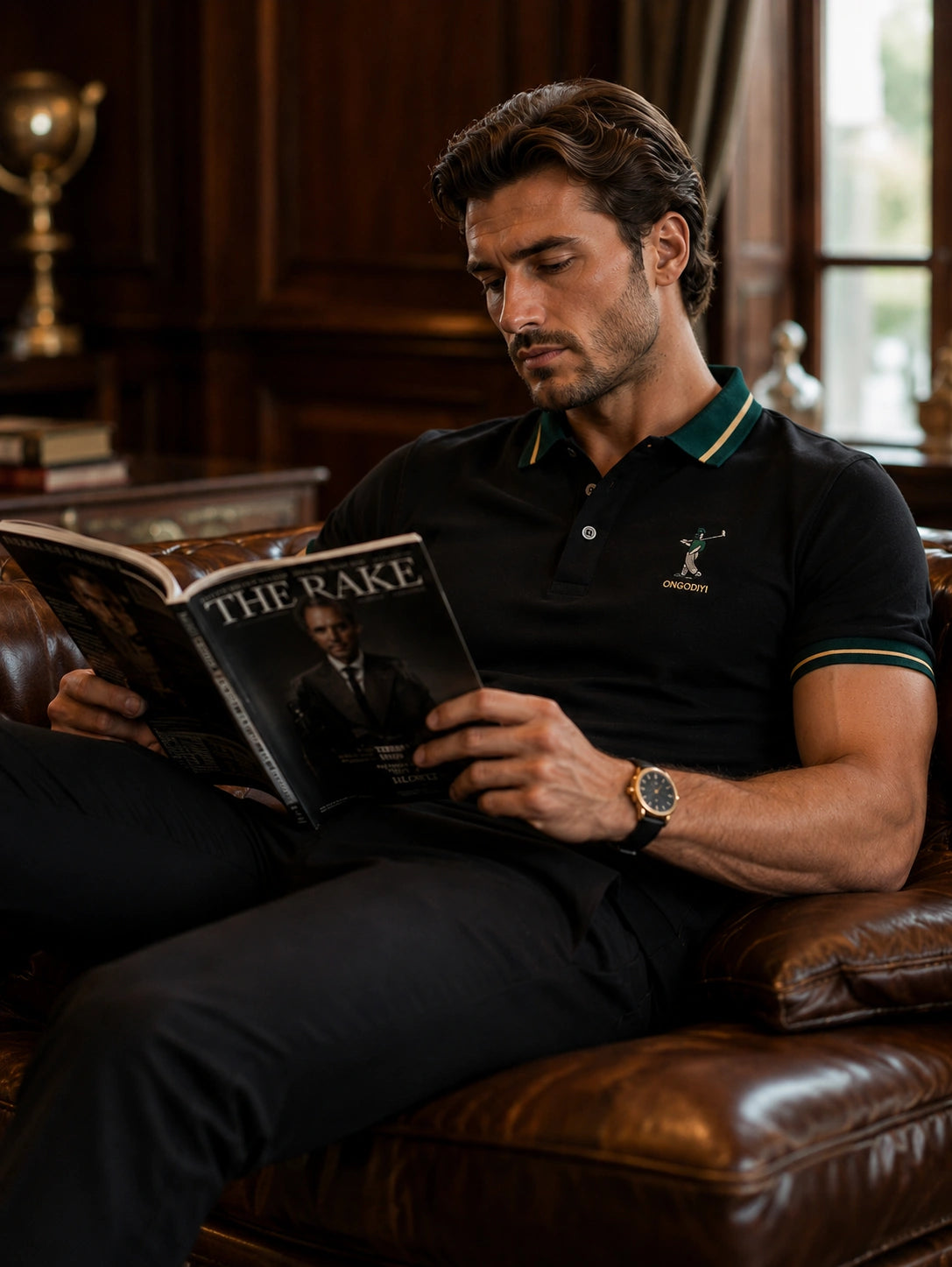 Men’s Premium Black Polo T-Shirt with Green & Gold Tipped Collar – Regular Fit