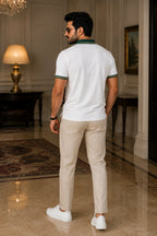 Men’s Premium White Polo T-Shirt with Green & Gold Tipped Collar – Regular Fit