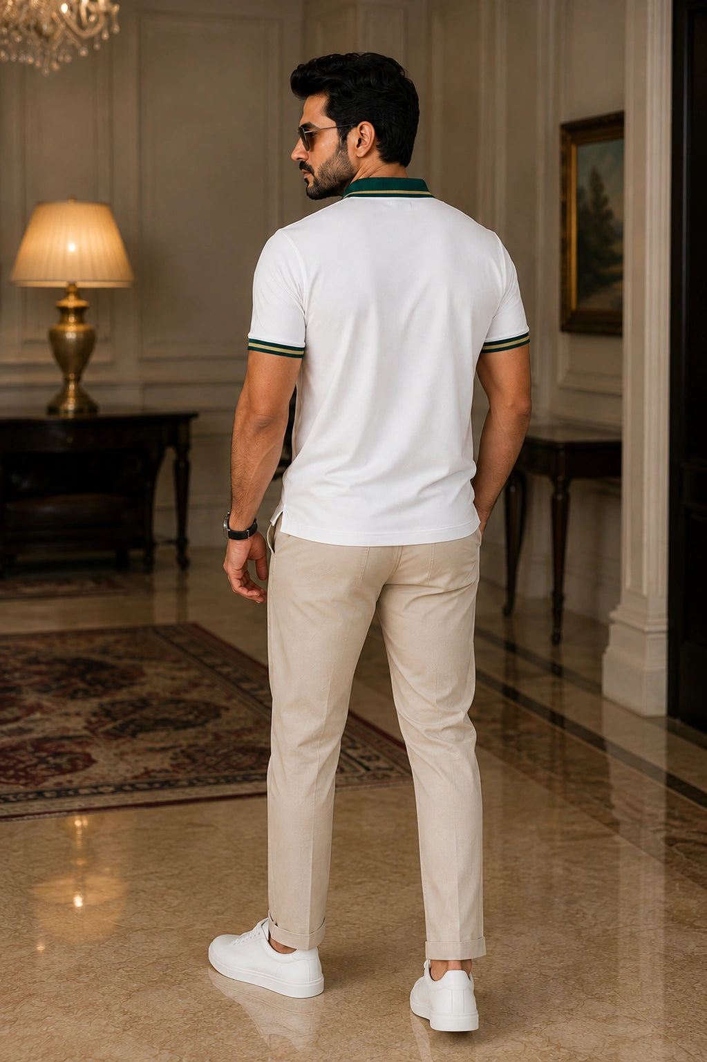 Men’s Premium White Polo T-Shirt with Green & Gold Tipped Collar – Regular Fit
