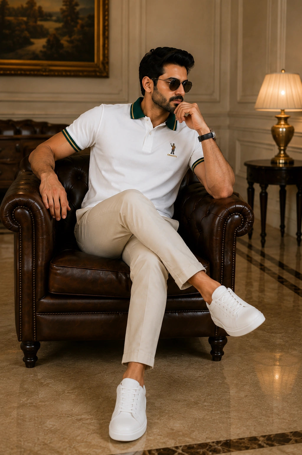 Men’s Premium White Polo T-Shirt with Green & Gold Tipped Collar – Regular Fit