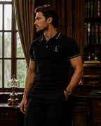 Men’s Premium Black Polo T-Shirt with Green & Gold Tipped Collar – Regular Fit
