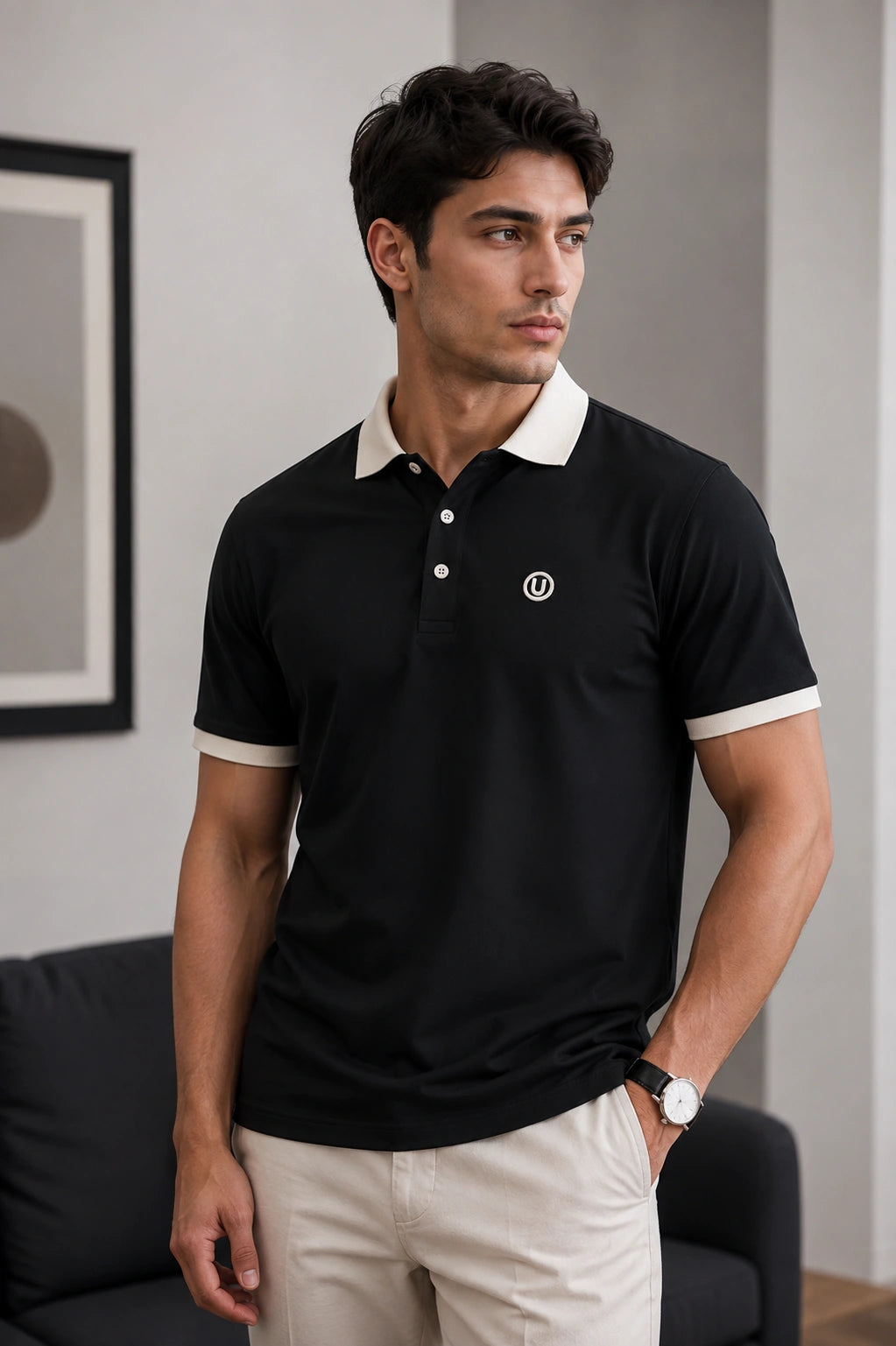 Men’s Premium Black Contrast Collar Polo T-Shirt with Embroidered Logo – Regular Fit