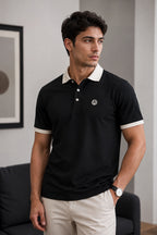 Men’s Premium Black Contrast Collar Polo T-Shirt with Embroidered Logo – Regular Fit