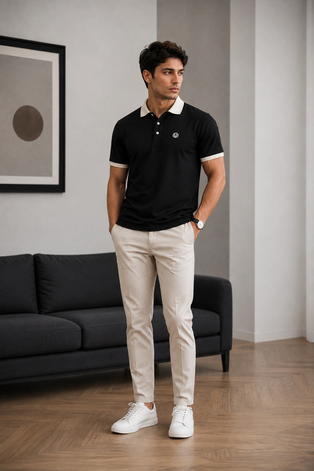 Men’s Premium Black Contrast Collar Polo T-Shirt with Embroidered Logo – Regular Fit